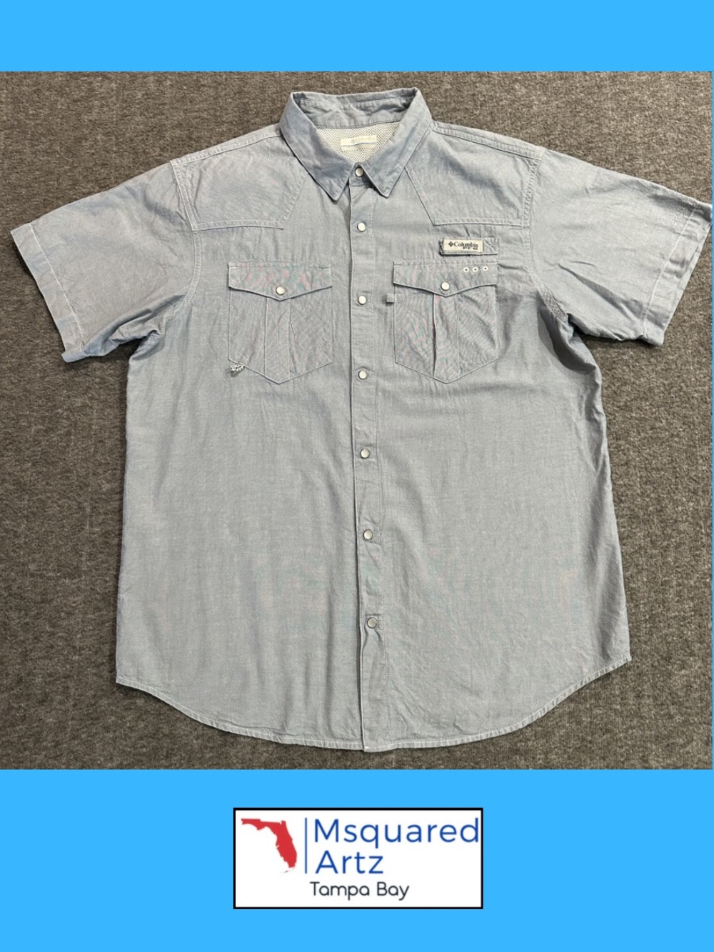 Columbia PFG Fishing Shirt Men’s Large Blue Chambray Cotton Vented Short Sleeve